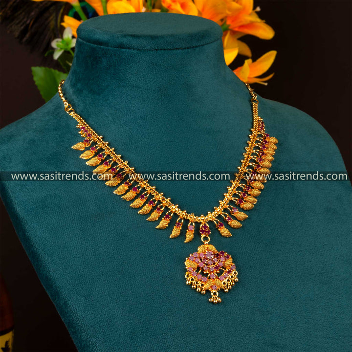 Sasitrends - Latest One Gram Micro Gold Plated Necklace with Floral Pendant and Intricate Design