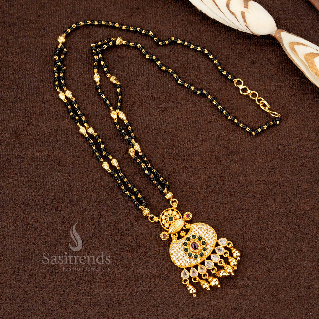 Intricate one gram gold plated AD stone-studded round floral Mangalsutra pendant chain, showcasing artistic jewellery craftsmanship - Sasitrends