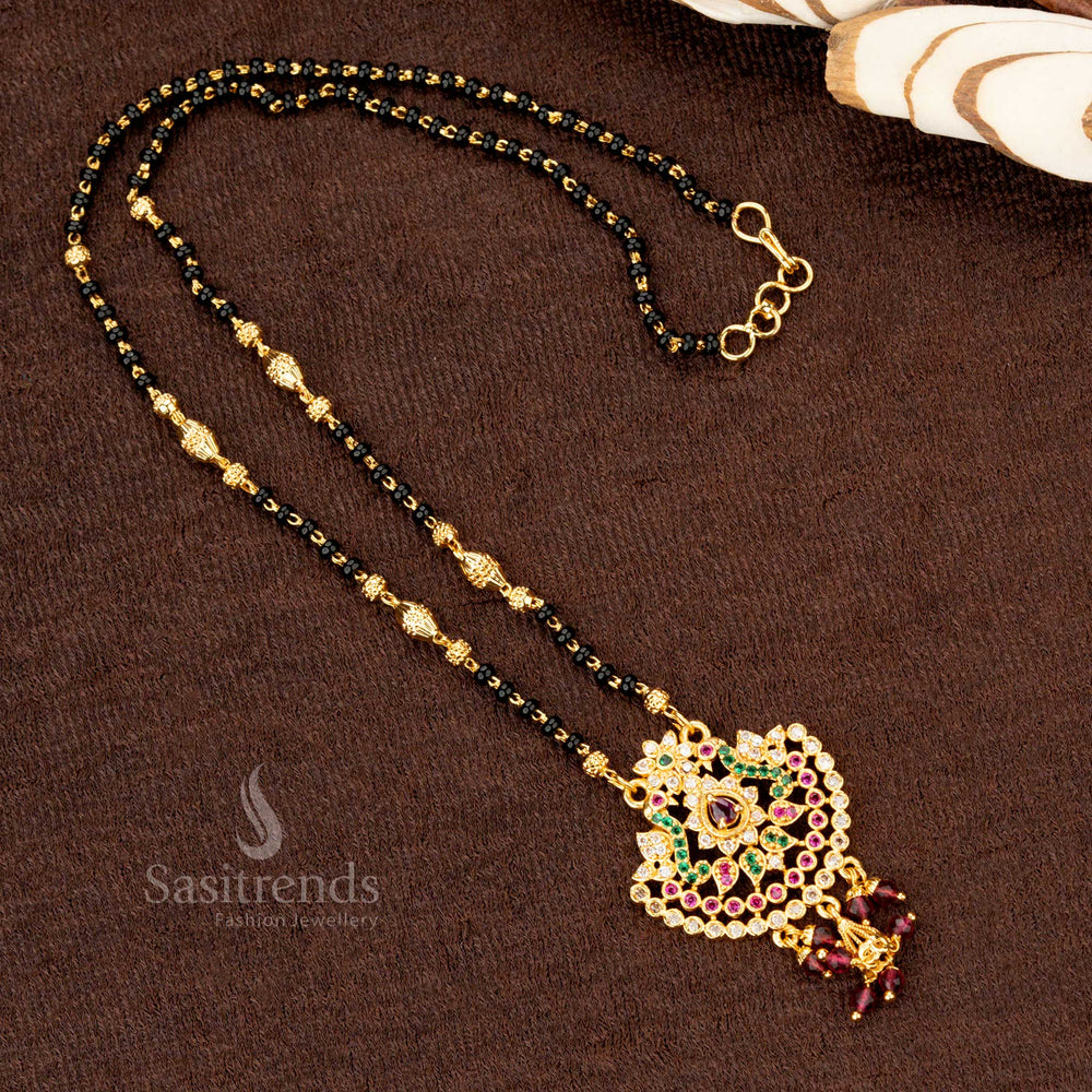 Classic micro gold plated one gram AD stone-studded Tilak floral Mangalsutra pendant chain, perfect for traditional celebrations - Sasitrends