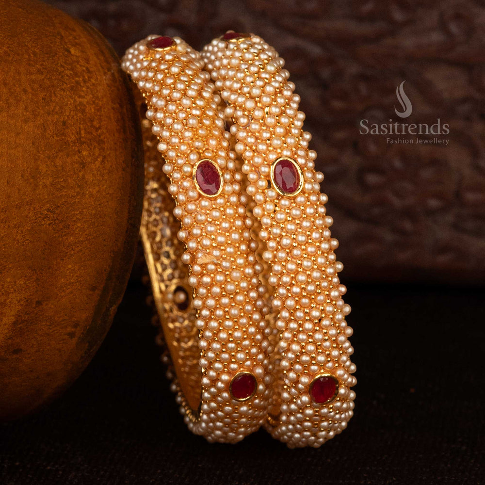 Ruby-studded matte gold temple bangles for weddings and festive occasions - Sasitrends