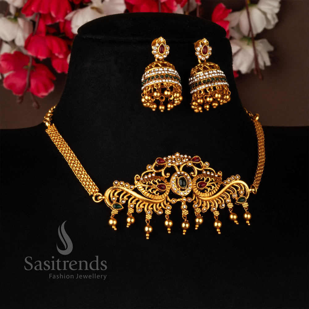 Grand temple-inspired matte gold choker necklace with elegant leaf and floral detailing, set with multi-stone embellishments - Sasitrends