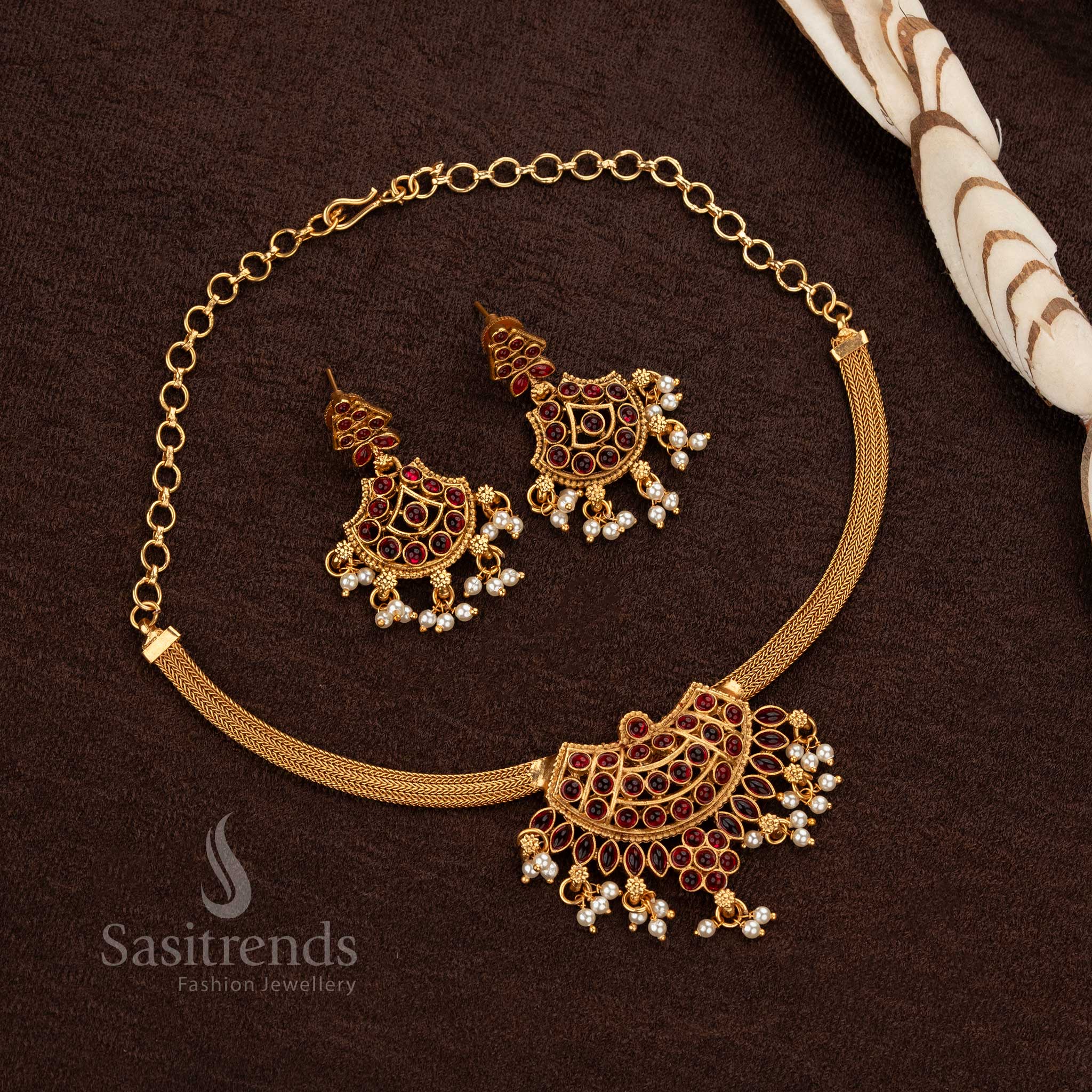 Ruby Floral Temple Jewellery Set with Pearl Danglings - Sasitrends