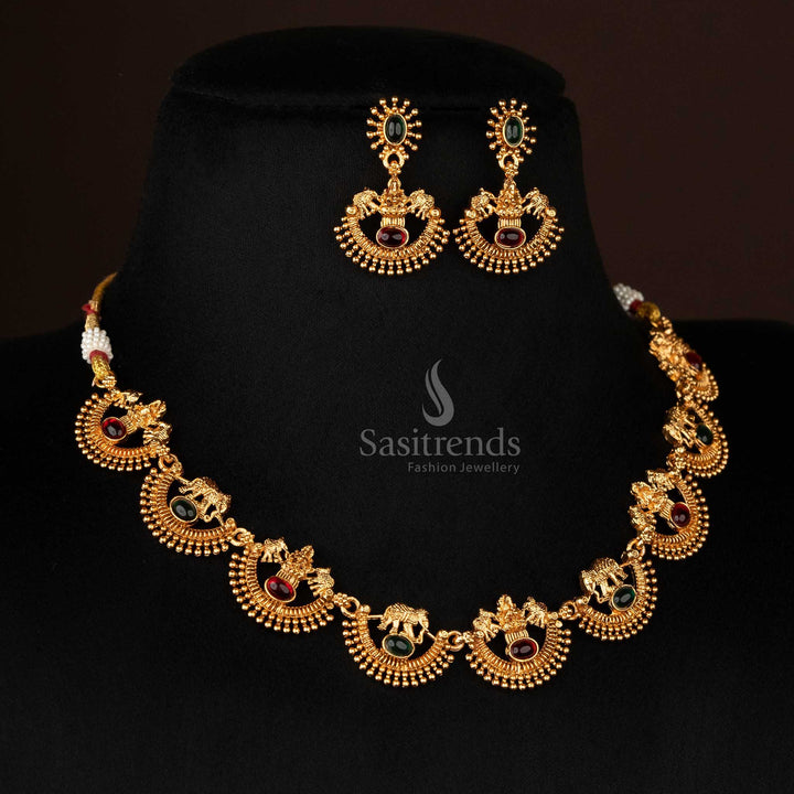 Temple-inspired matte gold-plated necklace set featuring Lakshmi and elephant motifs - Sasitrends