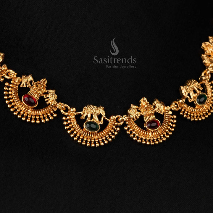 Close-up of temple matte gold-plated Necklace with Lakshmi and elephant design - Sasitrends