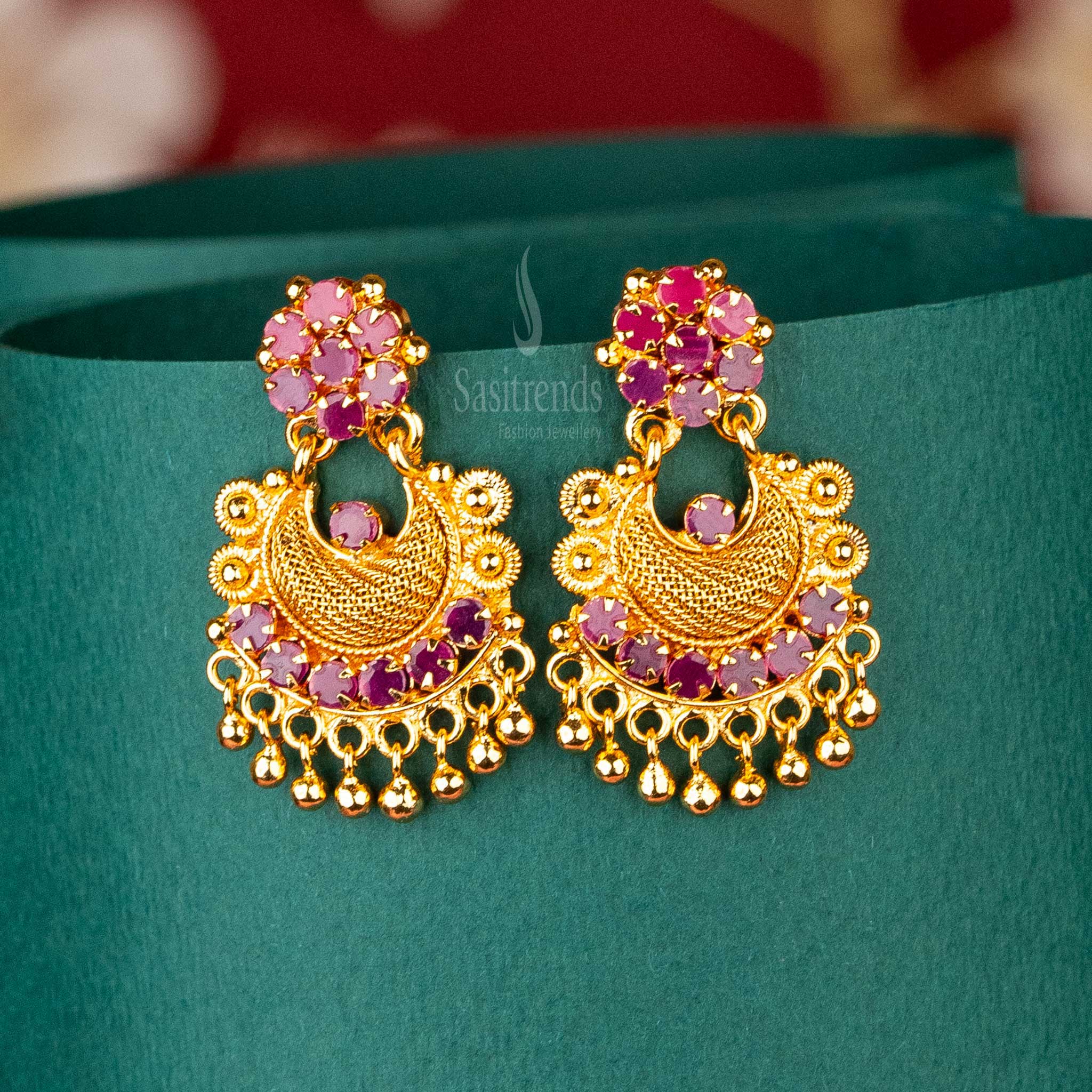 Guaranteed Gold Plated Crescent Dangle Earrings with Ruby Stones