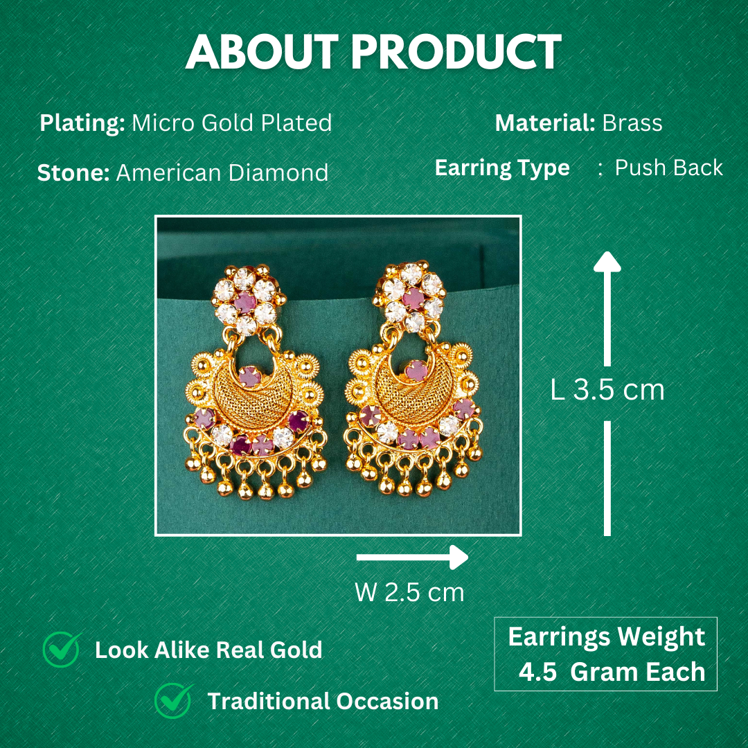 Traditional Micro Gold Plated AD Stone Studded Guaranteed Earrings Measurement Details