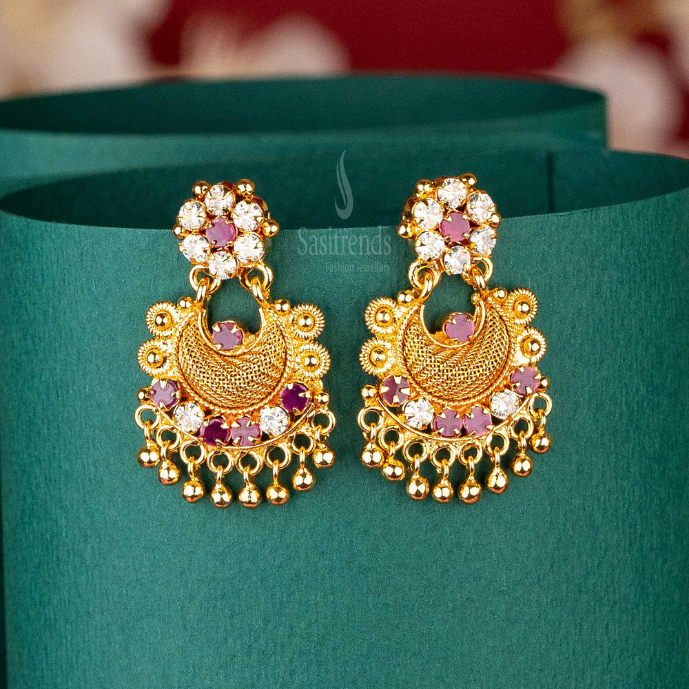 Elegant Ruby-White Crescent Dangle Earrings | Traditional Design