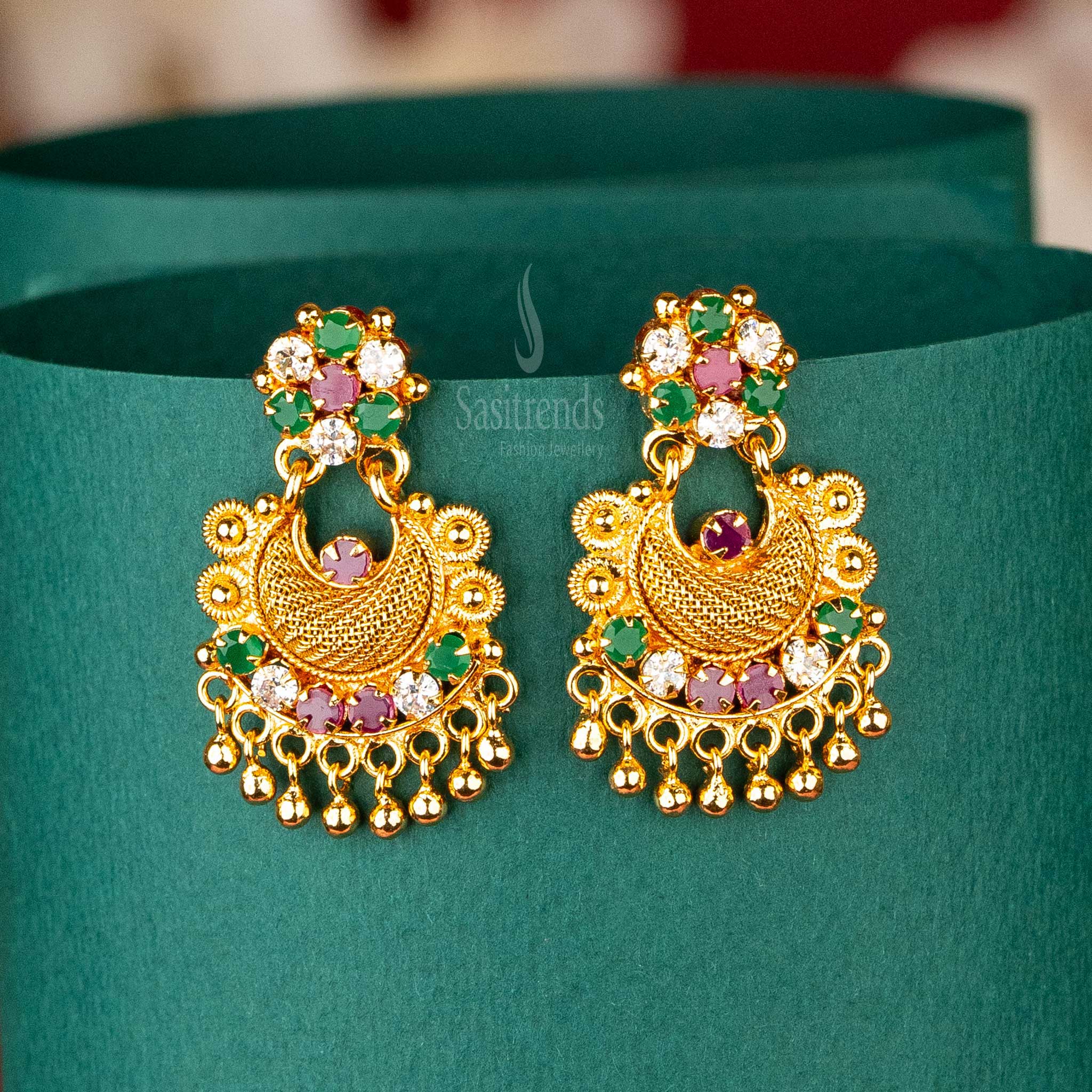 Traditional Crescent Dangle Earrings with Multi-Colored Stones | Gold Look-Alike