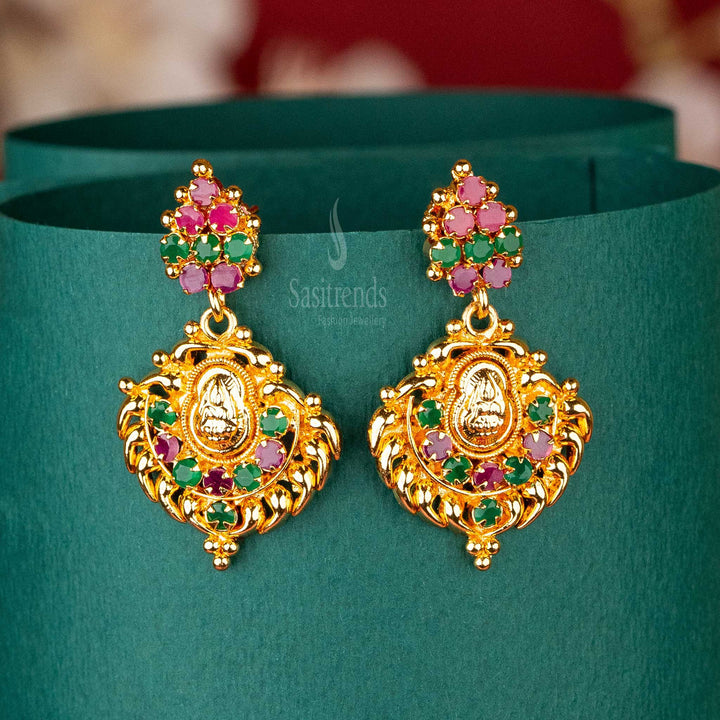 Ruby-Green Lakshmi Motif Earrings with AD Stones, 24 Carat Micro Gold Plated, Festive Earrings