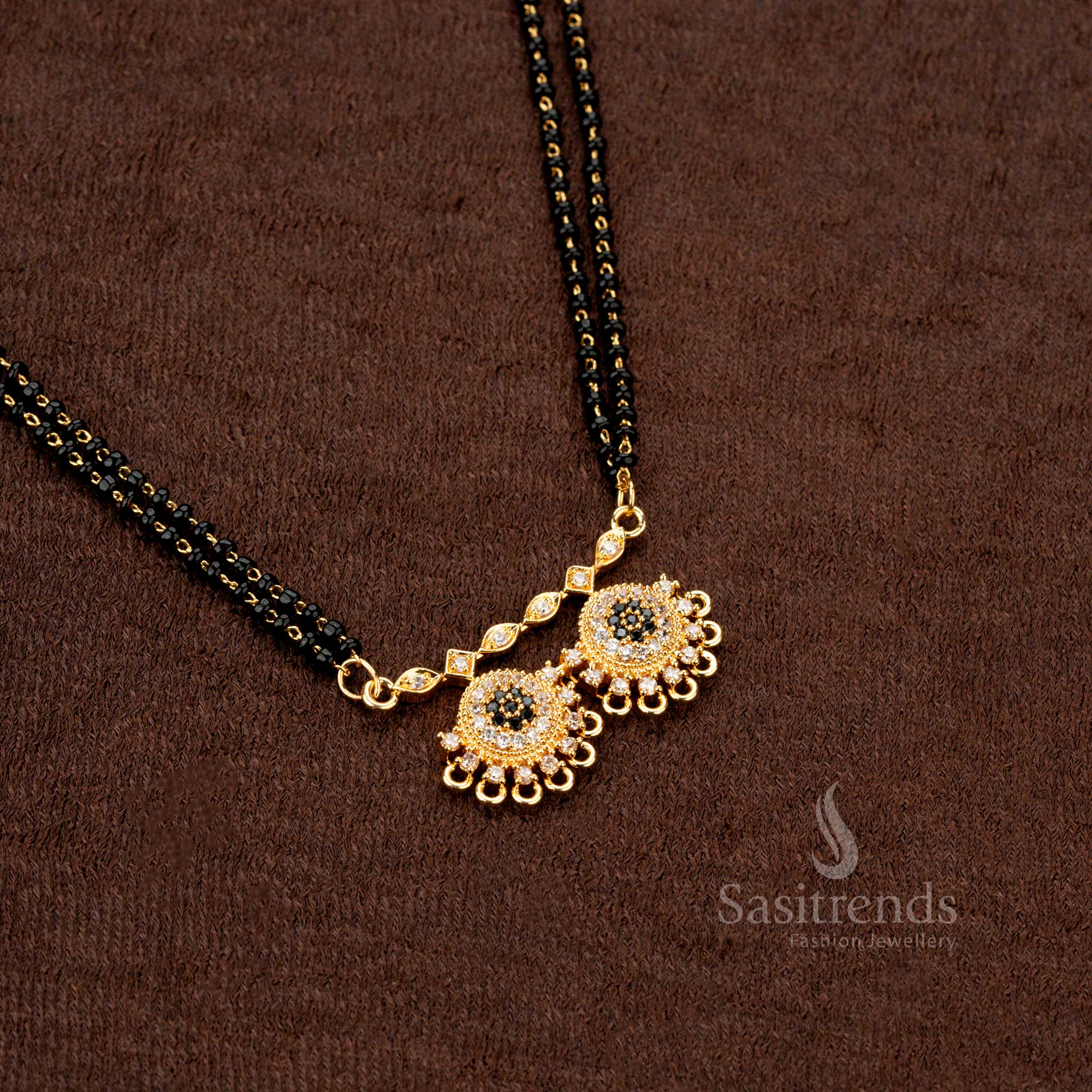 Traditional Mangalsutra with Gold Plated Black Beads and Dual Circular Pendant, featuring White and Black Stones – A Unique Women’s Ethnic Jewellery Piece - Sasitrends