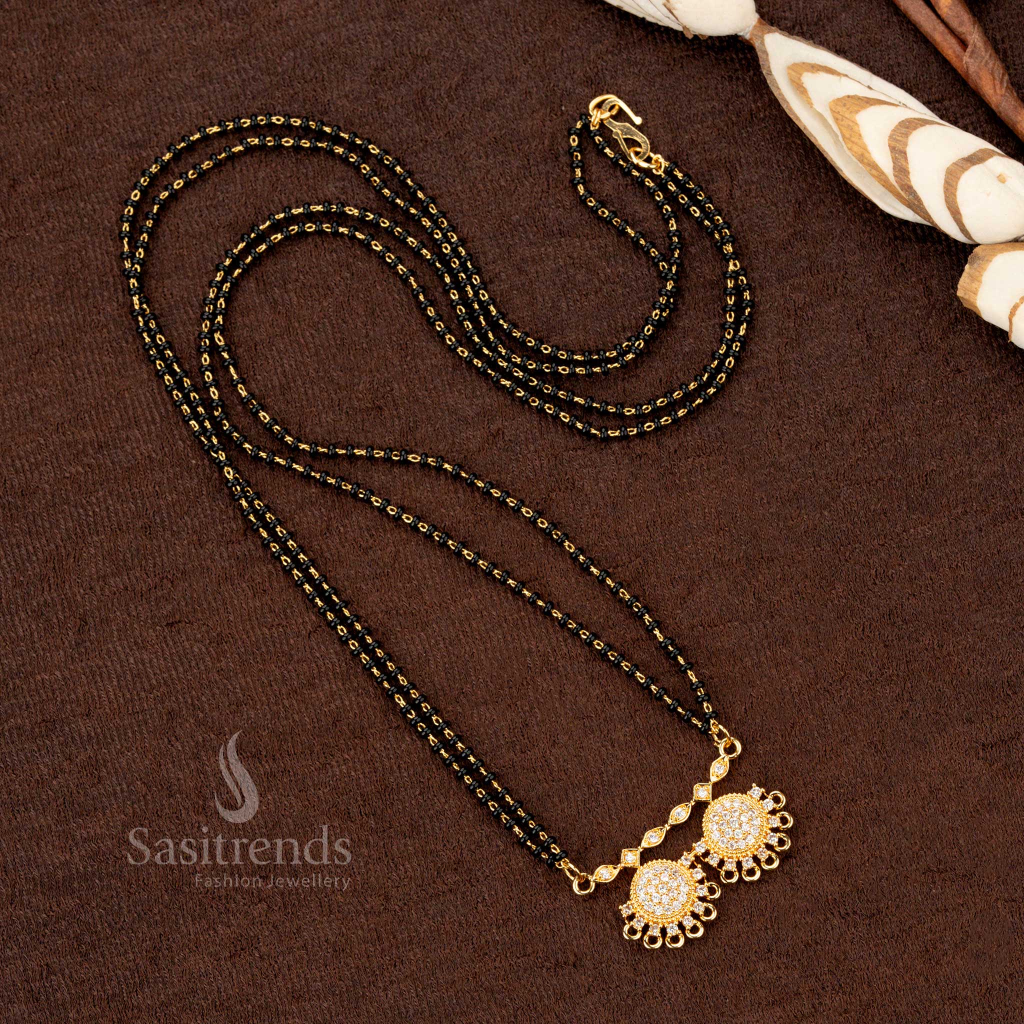 Gold Plated Black Beads Mangalsutra featuring a Dual Circular Pendant with White Stone Embellishments – Perfect Jewellery for Traditional and Festive Wear - Sasitrends