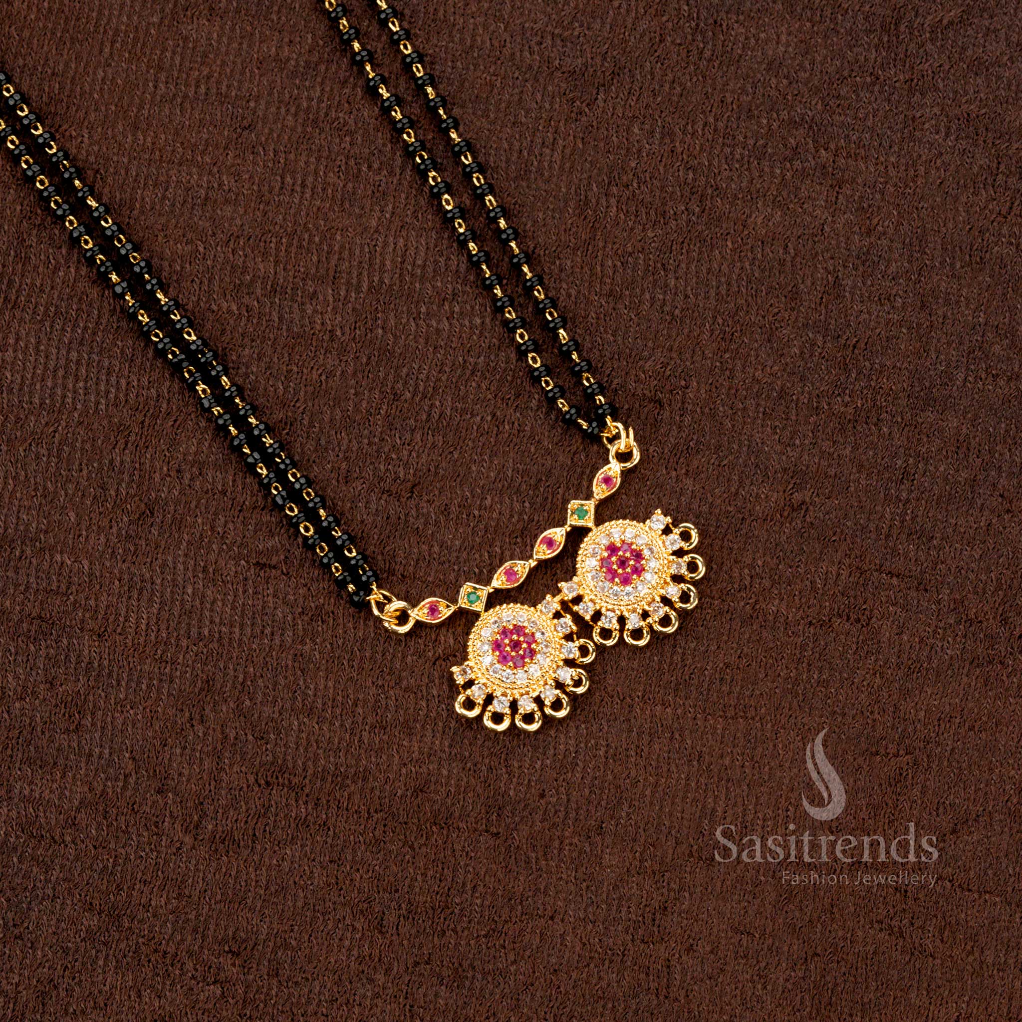 Traditional Mangalsutra with Micro Gold Plated Black Beads and Dual Circular Pendant, beautifully crafted with White Ruby Stones for Women’s Jewellery Collection - Sasitrends