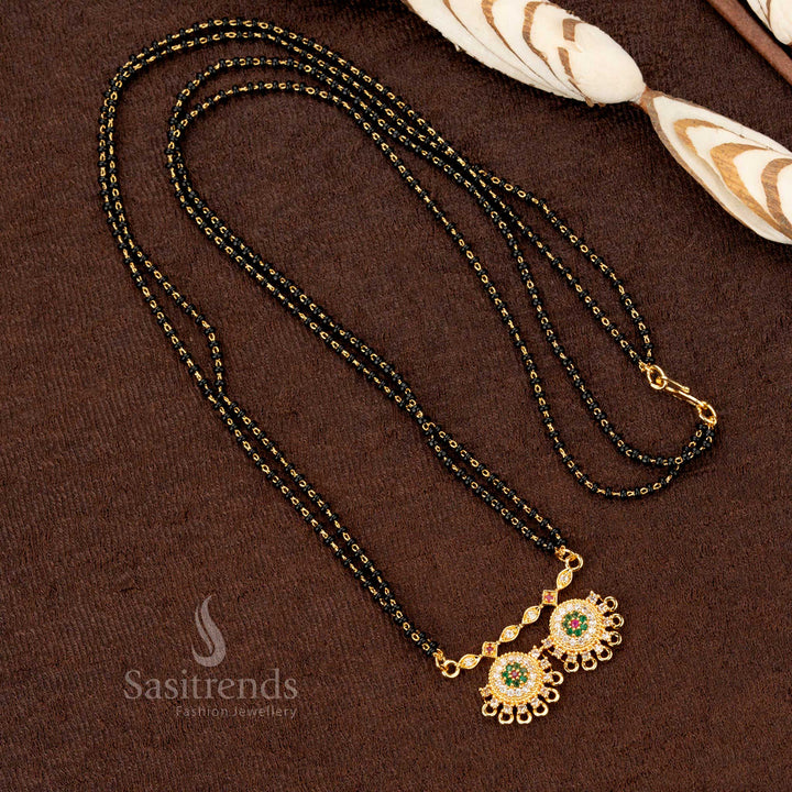  Traditional Mangalsutra featuring Gold Plated Black Beads and Dual Circular Pendant with Multi-Color Stones – A Perfect Addition to Women’s Ethnic Jewellery Collection - Sasitrends