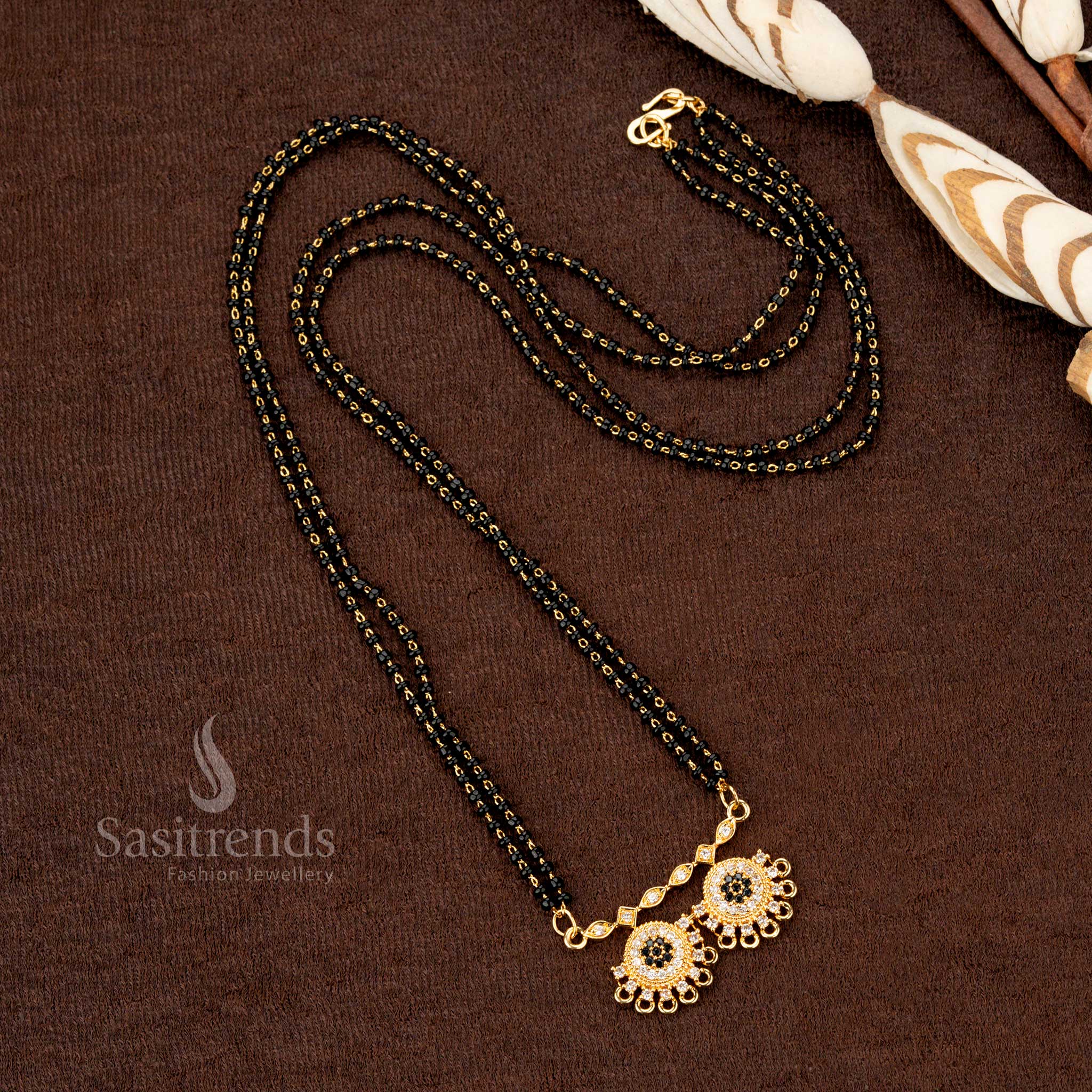 Micro Gold Plated Black Beads Mangalsutra with Dual Circular Motif, adorned with White and Black Stones – Elegant Traditional and Festive Jewellery for Women - Sasitrends