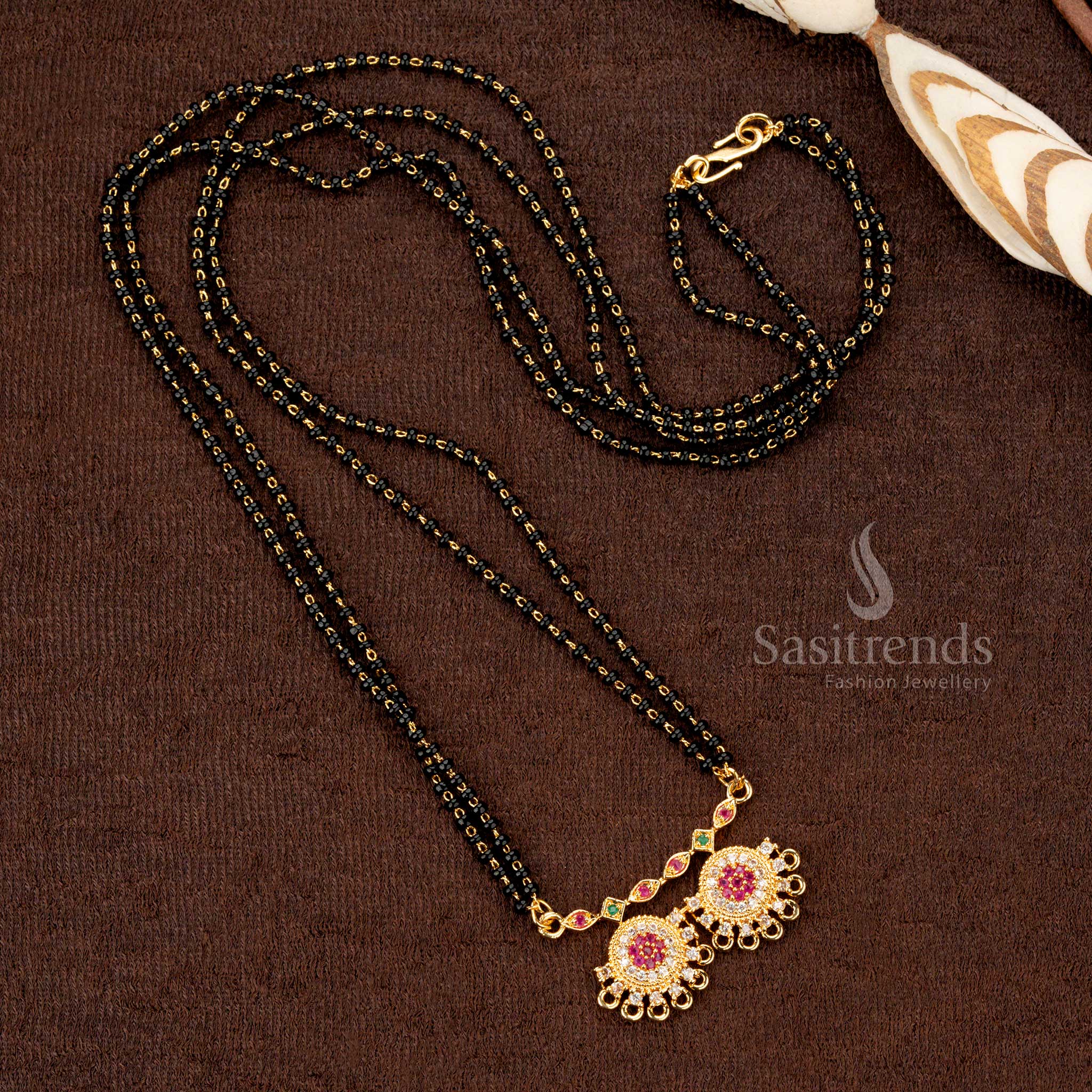 Gold Plated Black Beads Mangalsutra featuring White Ruby Stone Studded Dual Circular Pendant, perfect for Traditional and Festive Occasions - Sasitrends