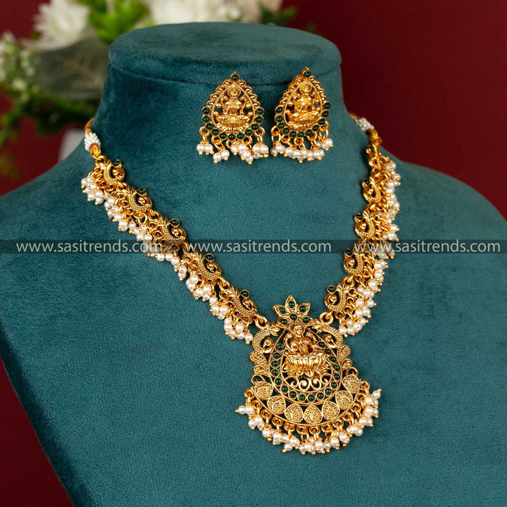 Elegant Matte Gold Plated Temple Lakshmi Peacock Jewellery Set with Green Stones and Pearl Stud Earrings, Traditional Temple Jewellery, Latest Collection