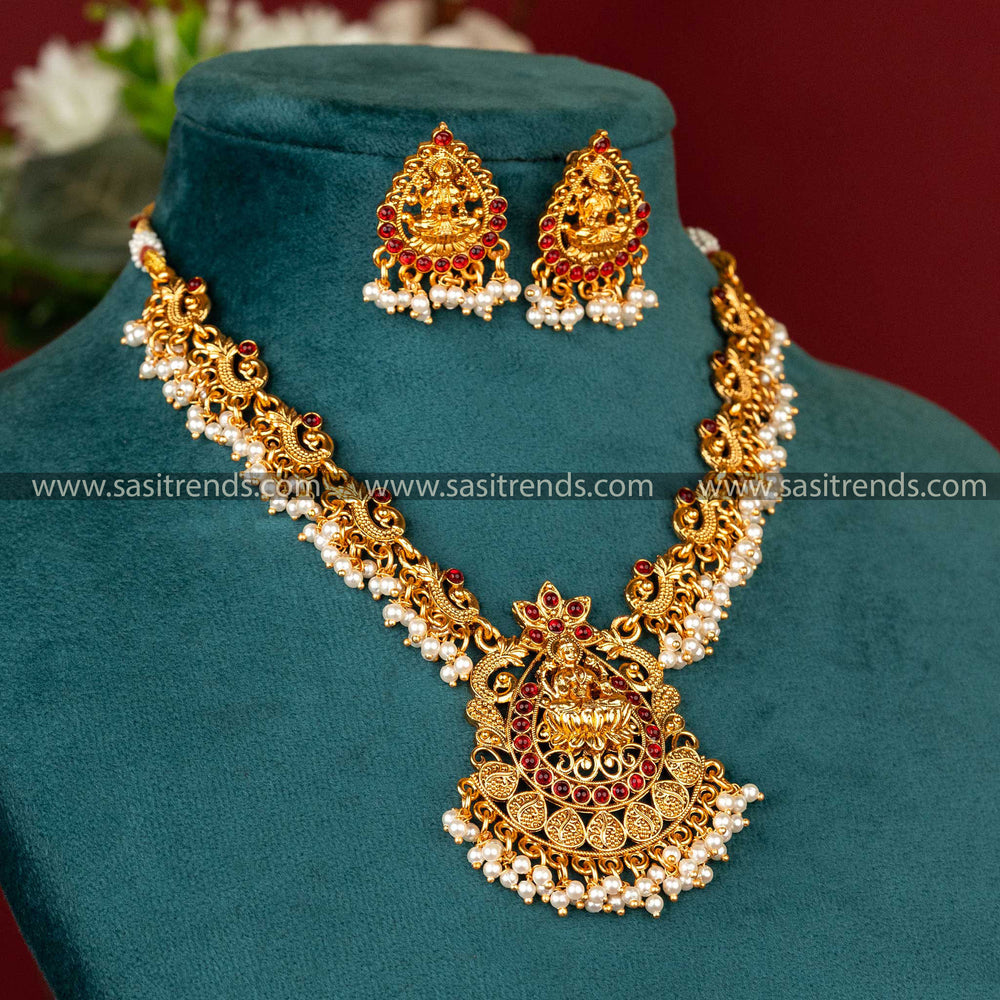 Exquisite Matte Gold Plated Temple Lakshmi Peacock Jewellery Set for Weddings with Ruby Stones and Pearl Stud Earrings, Temple Jewellery, Latest Fashion