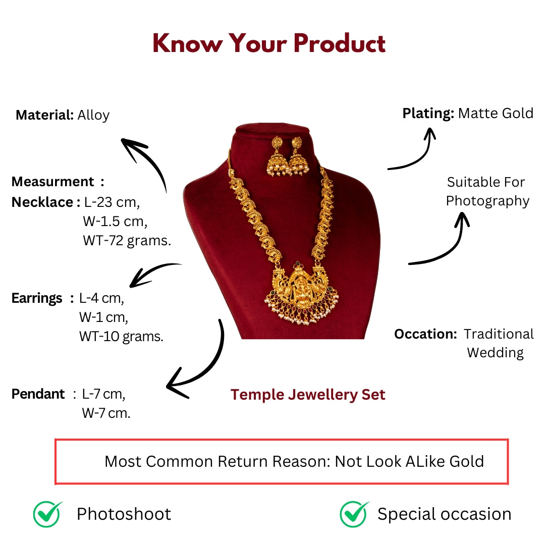 Traditional Classic Matte Gold Lakshki Peacock Jhumka Temple Jewellery Set Measurement Details