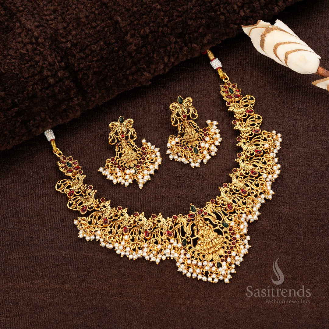 Temple Traditional Matte Gold Plated Ruby Green Lakshmi Peacock Pattern Jewellery Set - Sasitrends