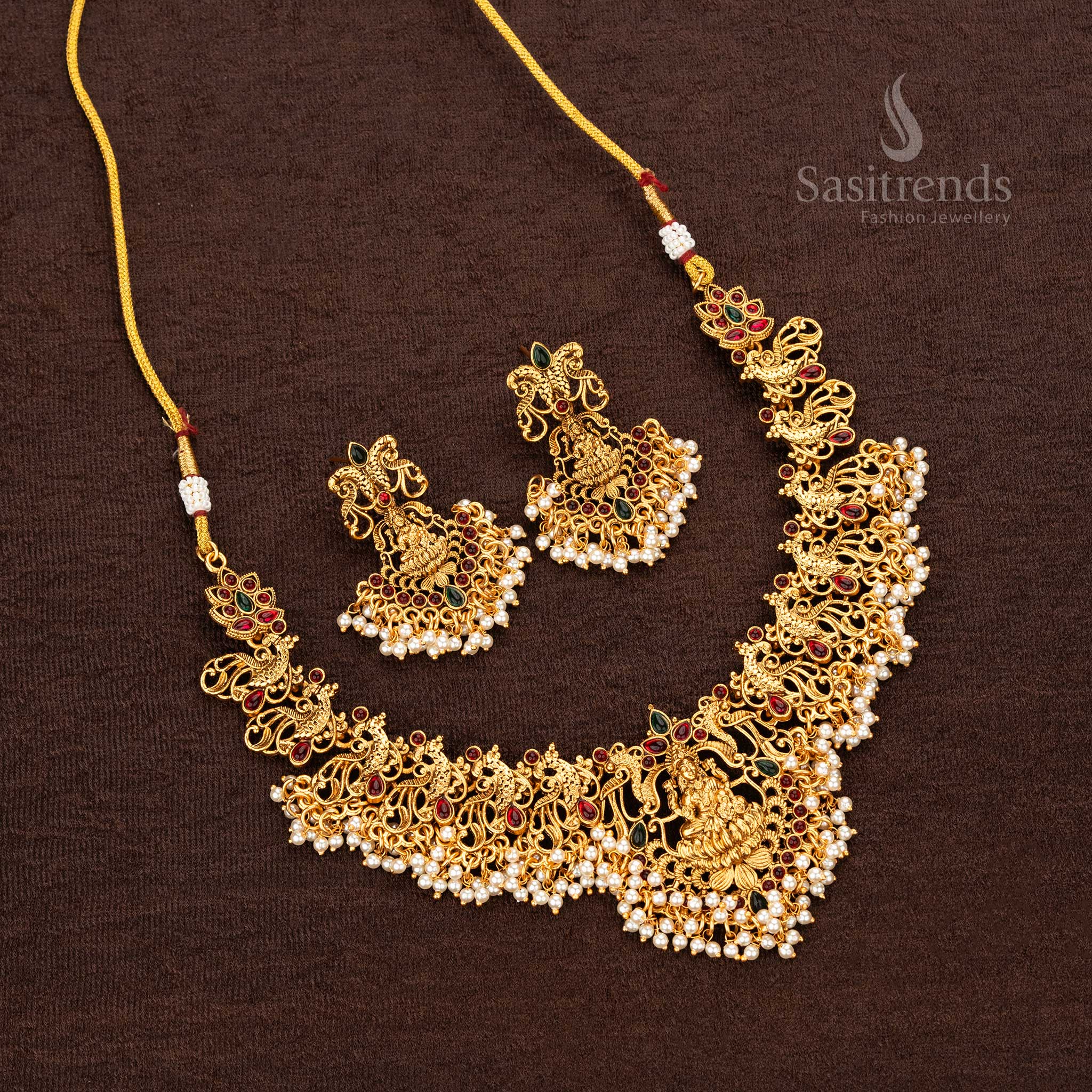 Wedding Wear Temple Matte Gold Plated Ruby Green Lakshmi Peacock Pattern Jewellery Set - Sasitrends