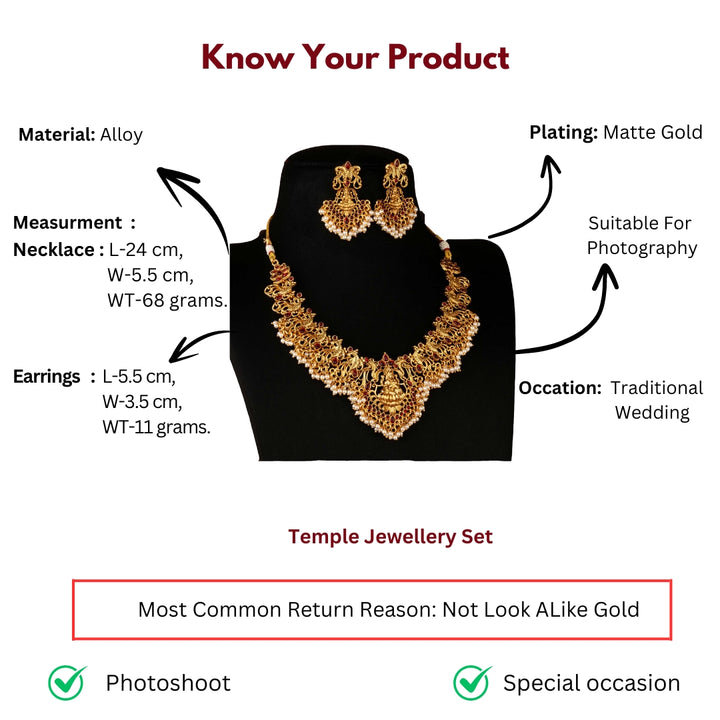 Temple Traditional Classic Matte Gold Lakshmi Peacock Designer Jewellery Set Measurement Details