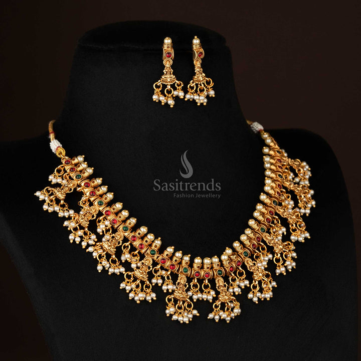 Gorgeous Classic Matte Gold Plated Temple Necklace Jewellery Set with Lakshmi Motif and Pearl Drops - Sasitrends