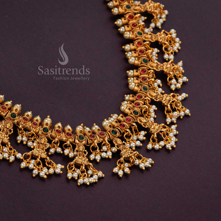 Matte gold plated temple necklace with Ruby-Green stones and intricate pearls - Sasitrends