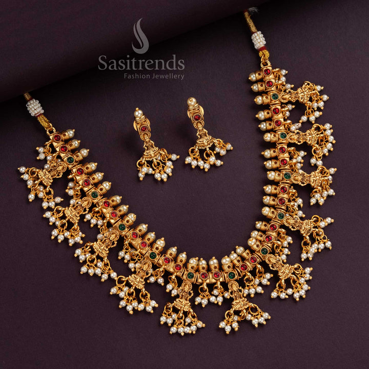 Lakshmi motif temple jewellery set with Ruby-Green stones and pearl drops - Sasitrends