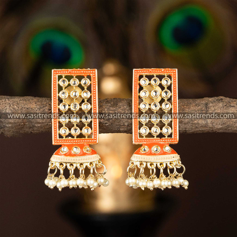 Sasitrends - Flower Shape Pearl Gold Plated AD Kundan Stone Earrings - Sasitrends