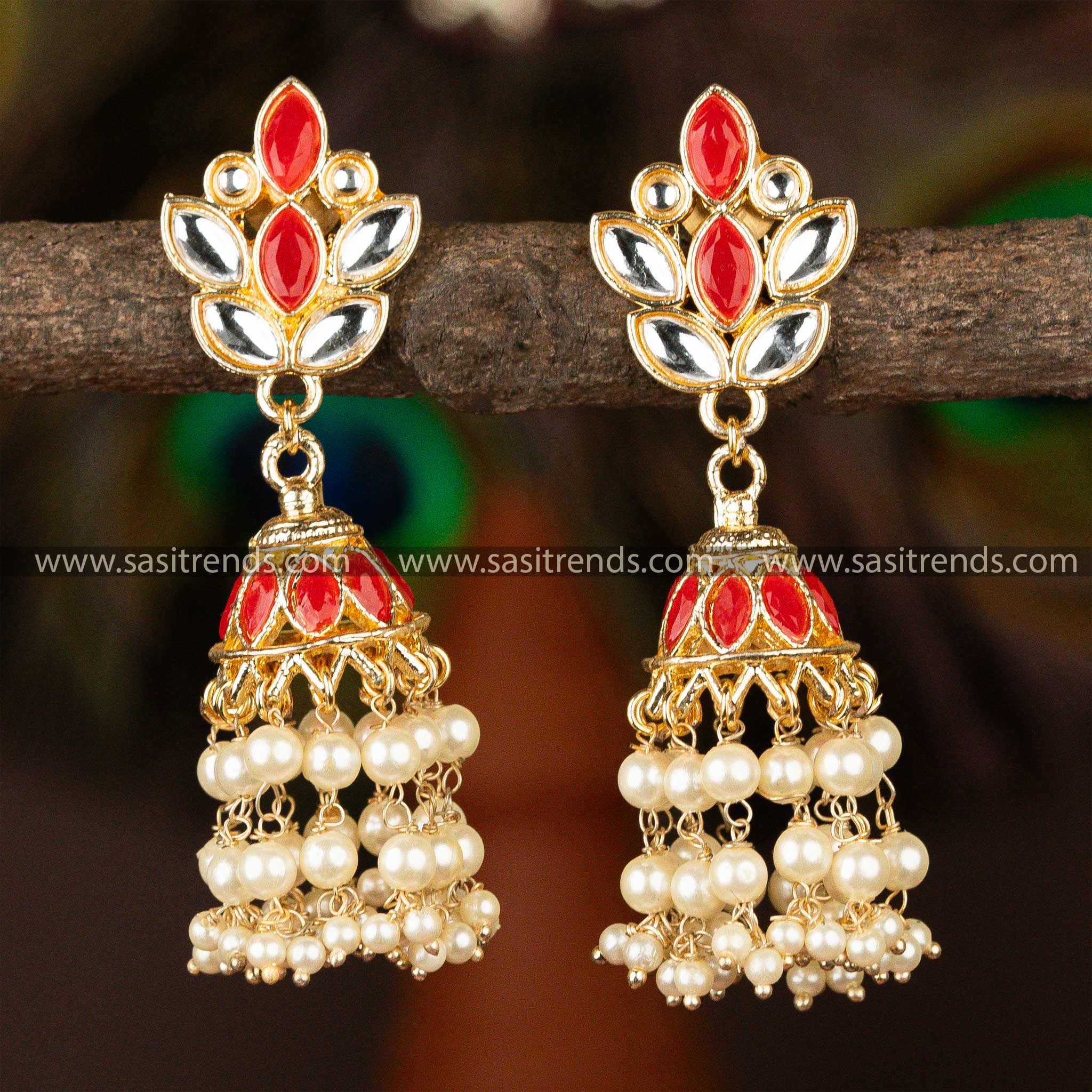 Gold Plated Red White Kundan Jhumka Earrings Sasitrends Online Shopping