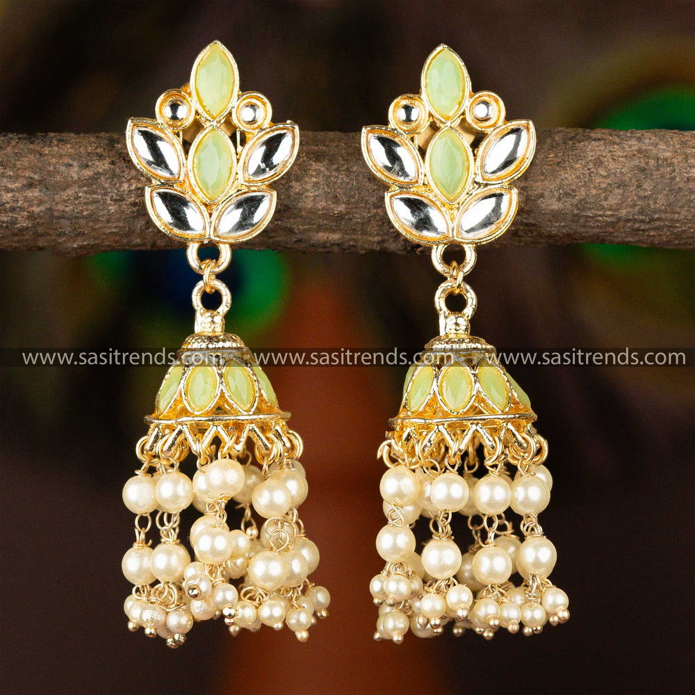 Traditional Gold Plated Light Green and White Kundan Jhumka Earrings Sasitrends Online 