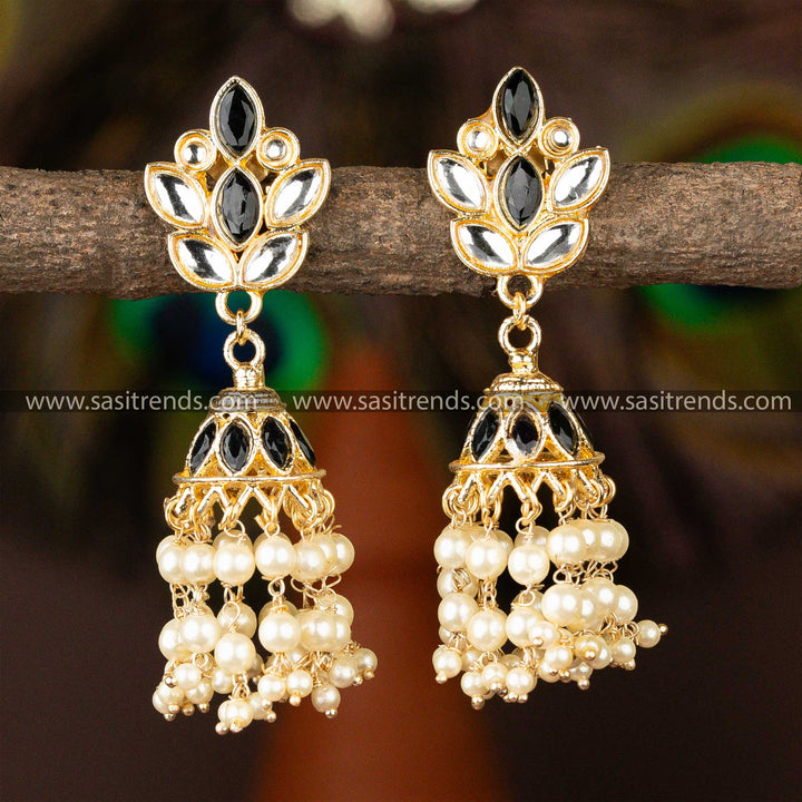 Gold Plated Black and White Kundan Pearl Jhumka Earrings Sasitrends Online Shopping