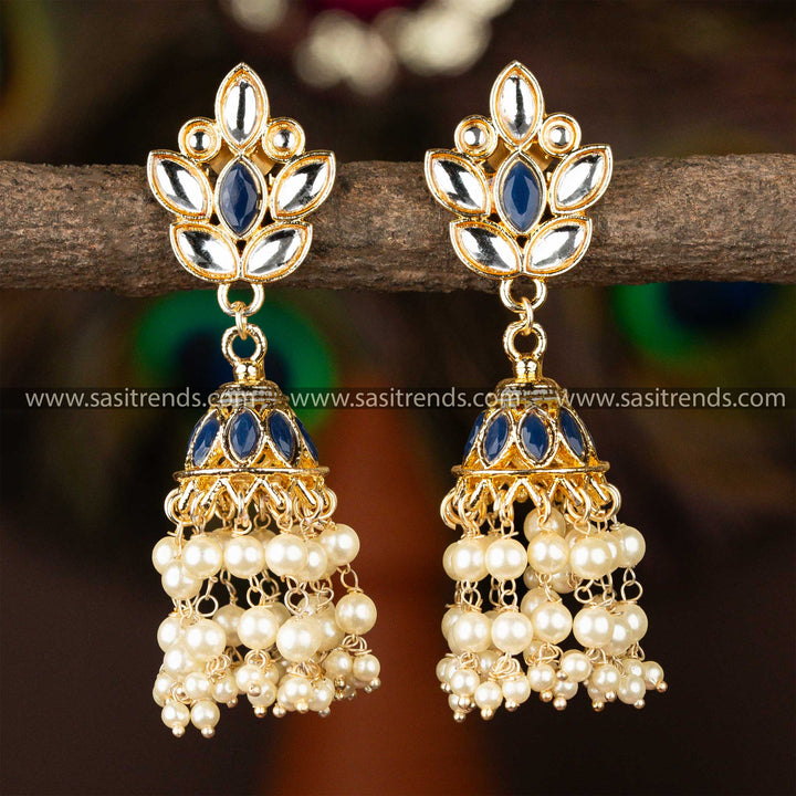 Trendy Gold Plated Blue and White Stone Kundan Pearl Jhumka Earrings Sasitrends Online Shopping