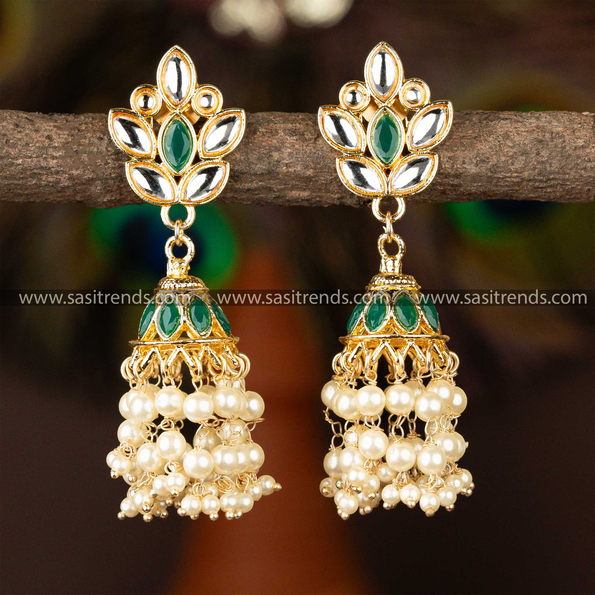 Elegant Gold Plated Dark Green and Gold Kundan Jhumka Earrings Online Shopping