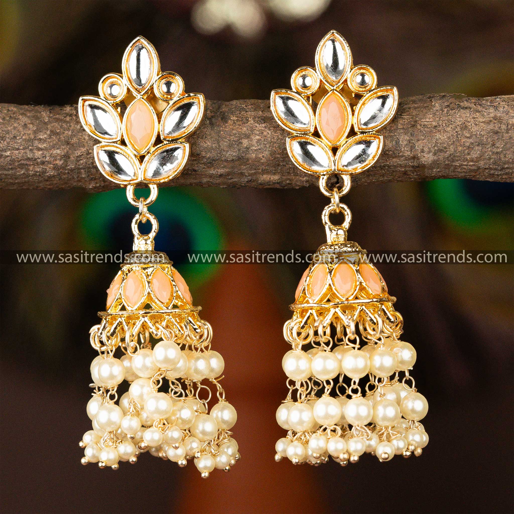 Elegant Gold Plated Peach And White Kundan Jhumka Earrings Sasitrends Online Shopping