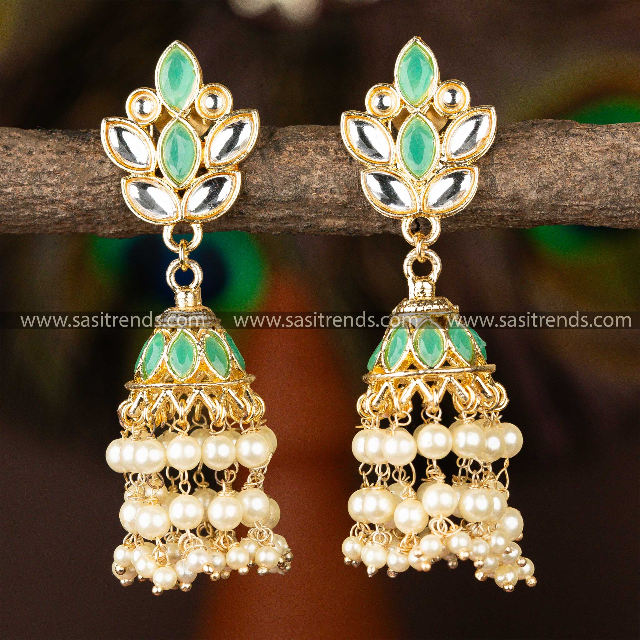 Latest Gold Plated Parrot Green And White Stone Stud Jhumka Pearl Earrings Sasitrends 