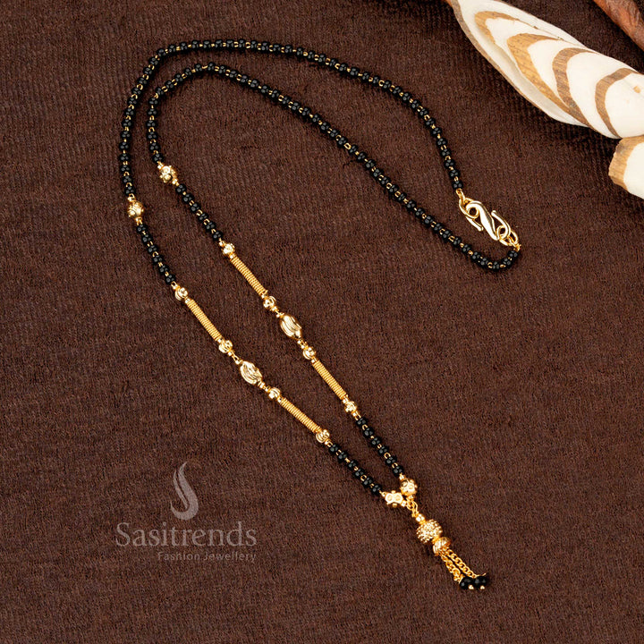 Sophisticated gold-plated black beads mangalsutra featuring a finely woven beaded chain, blending heritage with contemporary charm - Sasitrends