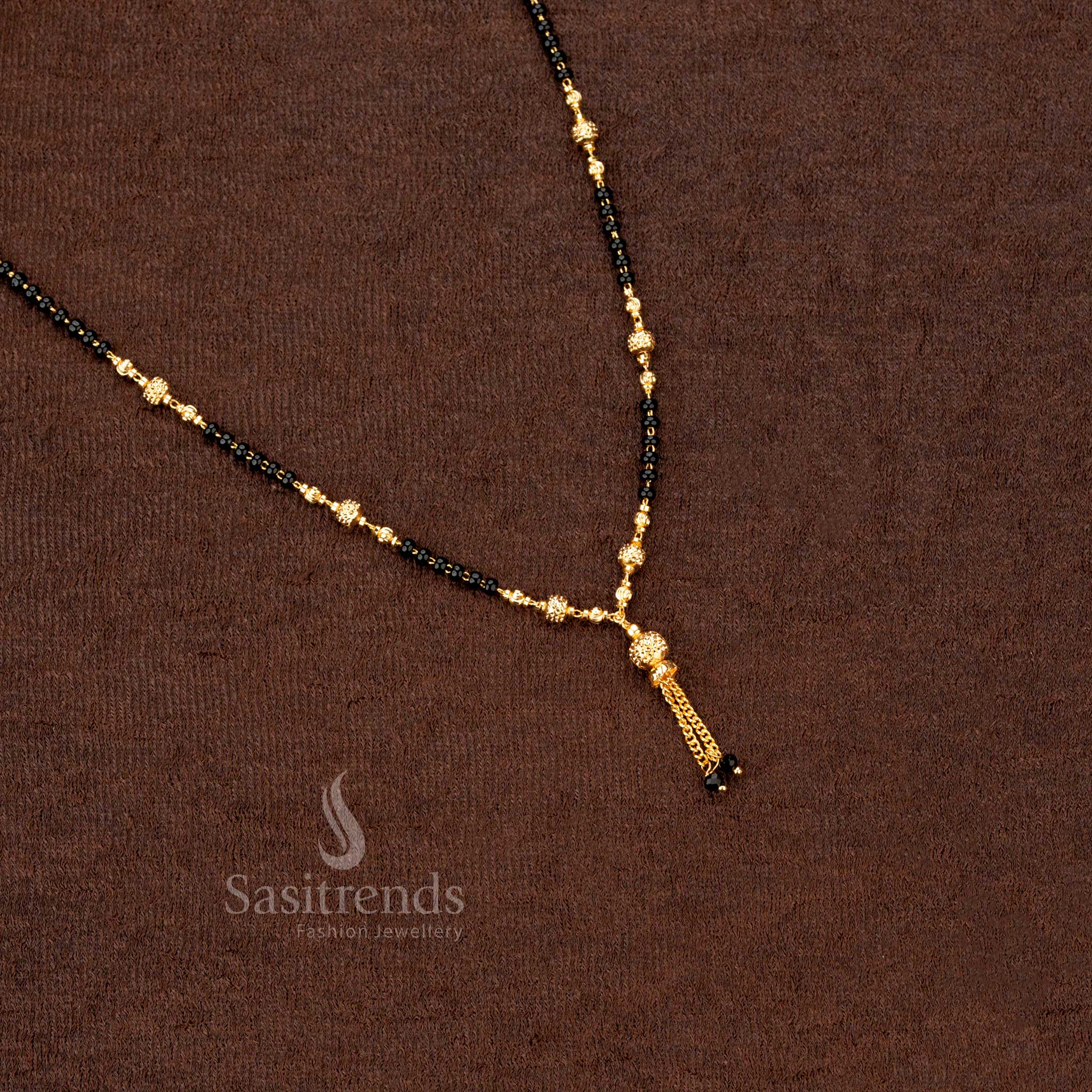 Luxurious micro gold-plated black beads mangalsutra with an ornate beaded design, perfect for festive and bridal wear - Sasitrends