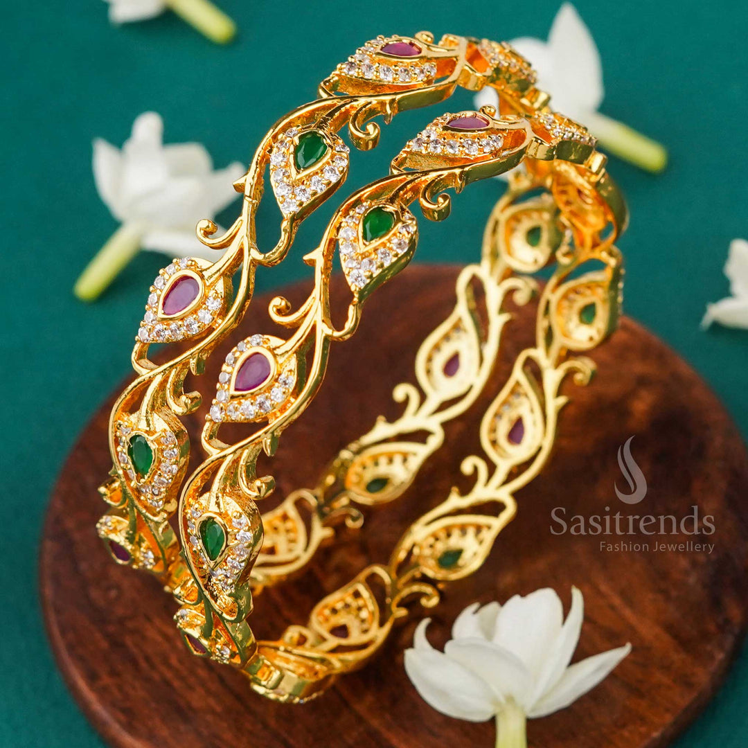 Stylish Mango Leaf Micro Gold Plated American Diamond Bangles with Multi-Color Sparkling Stones – A Graceful and Ethnic Jewellery Selection for Women - Sasitrends