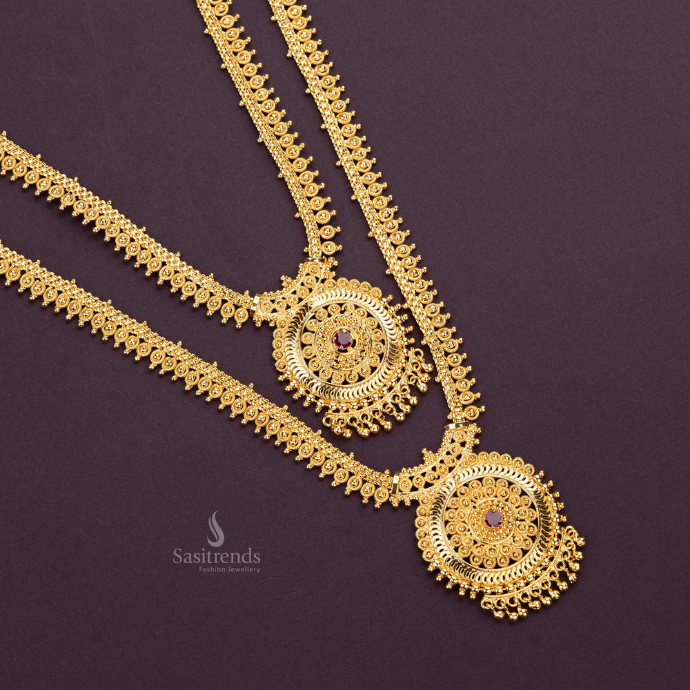 Traditional wear guaranteed micro gold plated ruby ad stone stud long and short combo necklace sasitrends