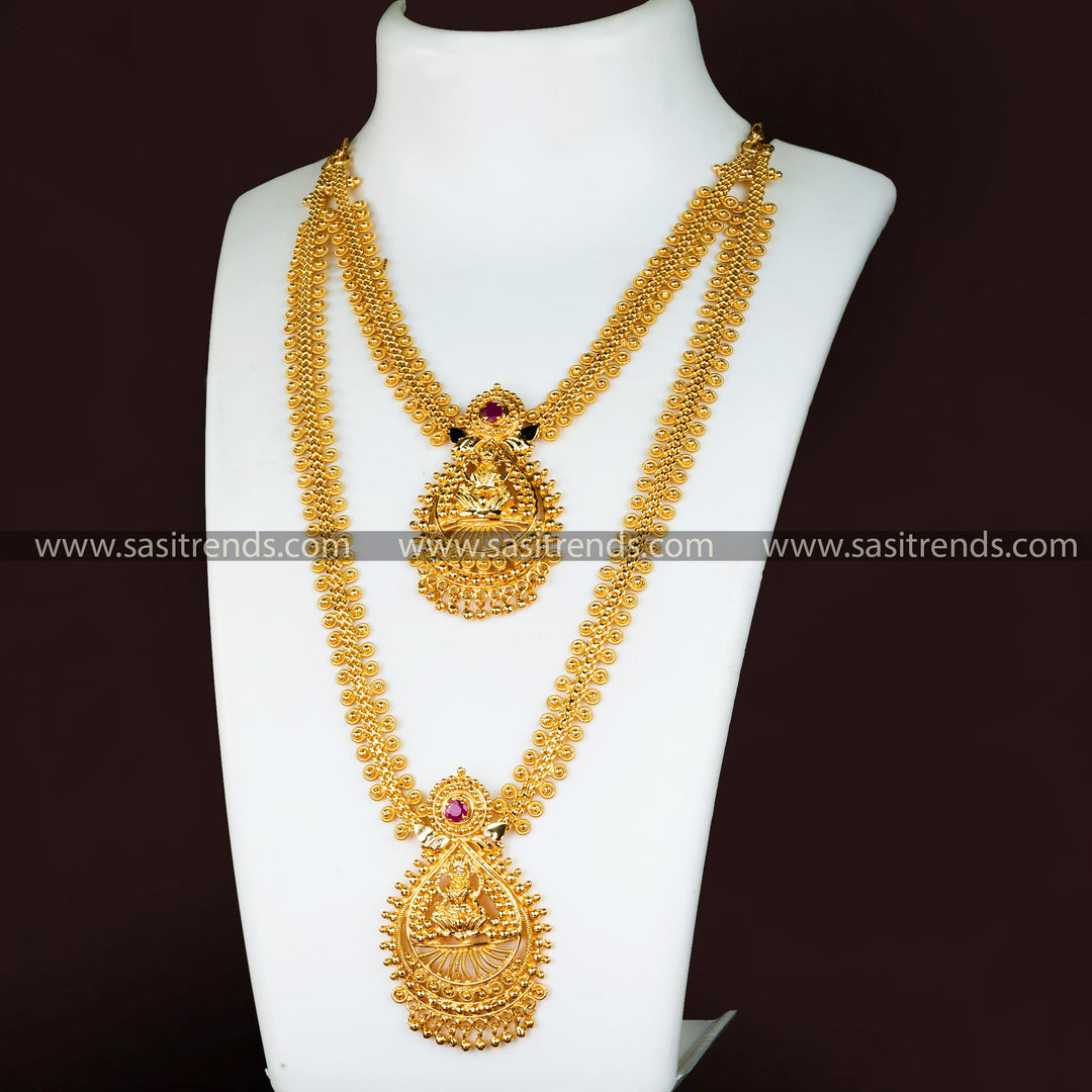 Lakshmi motif gold-plated necklace combo set, showcasing traditional Indian craftsmanship