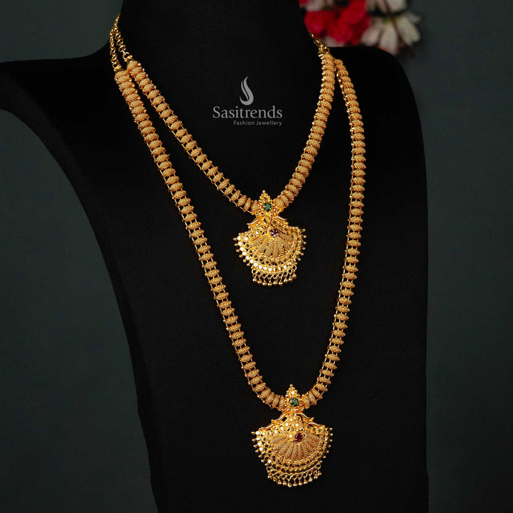 Wedding One Gram Gold Plated Guaranteed Combo ruby green Necklace Set with intricate tilak motifs and hanging golden balls - Sasitrends