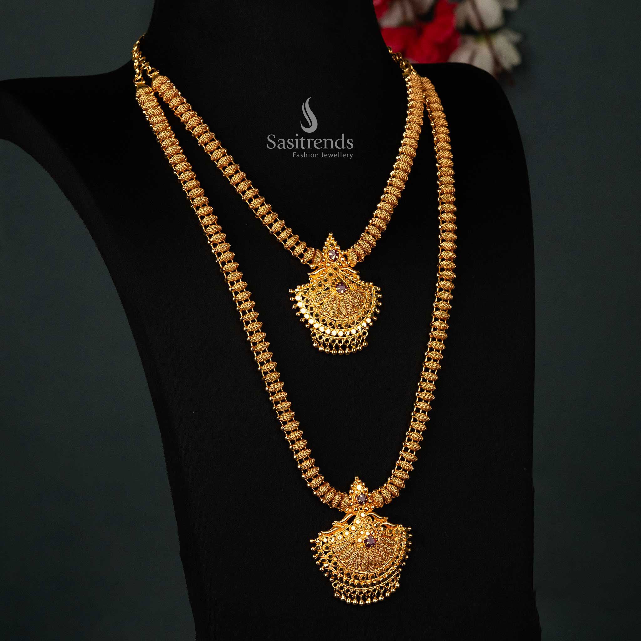 One Gram Micro Gold Plated Wedding Combo Ruby American Diamond Necklace – long and short set with detailed pendant design - Sasitrends