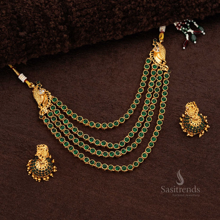 traditional Four Layer Green Necklace With Jhumka Jewellery Set - Sasitrends