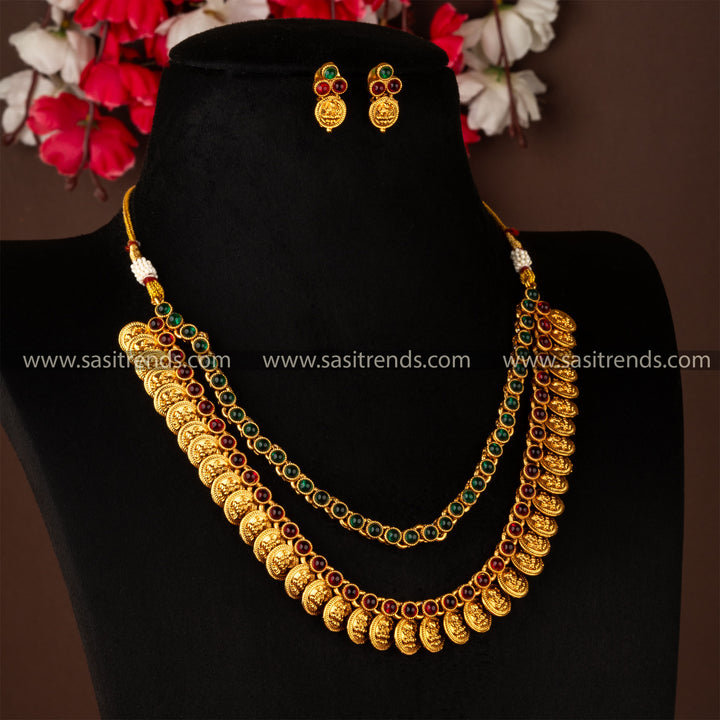 Ruby Green Trendy Temple Matt Gold Necklace Jewellery Set