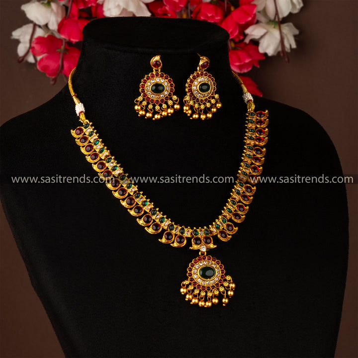 Temple Traditional Classic Matt Gold Ruby Green Mango Pattern Necklace With Earrings  Jewellery Set