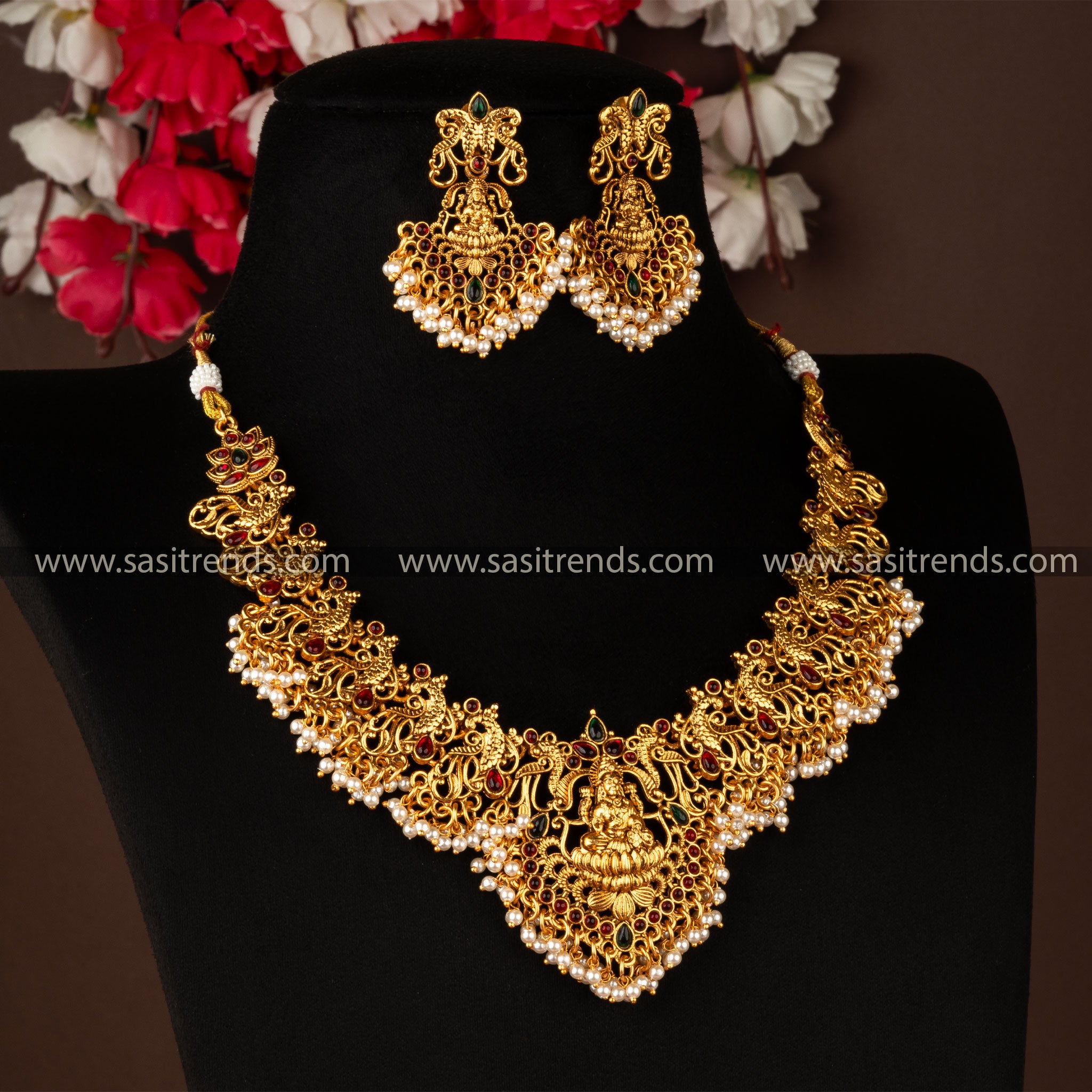 Classic Temple Traditional Matt Gold Plated Peacock Designer Jewellery Set