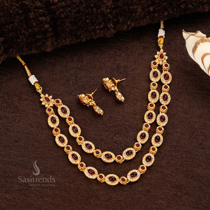 Double Strand Matte Gold plated ruby Necklace Jewellery Sets with Floral Motifs - Sasitrends