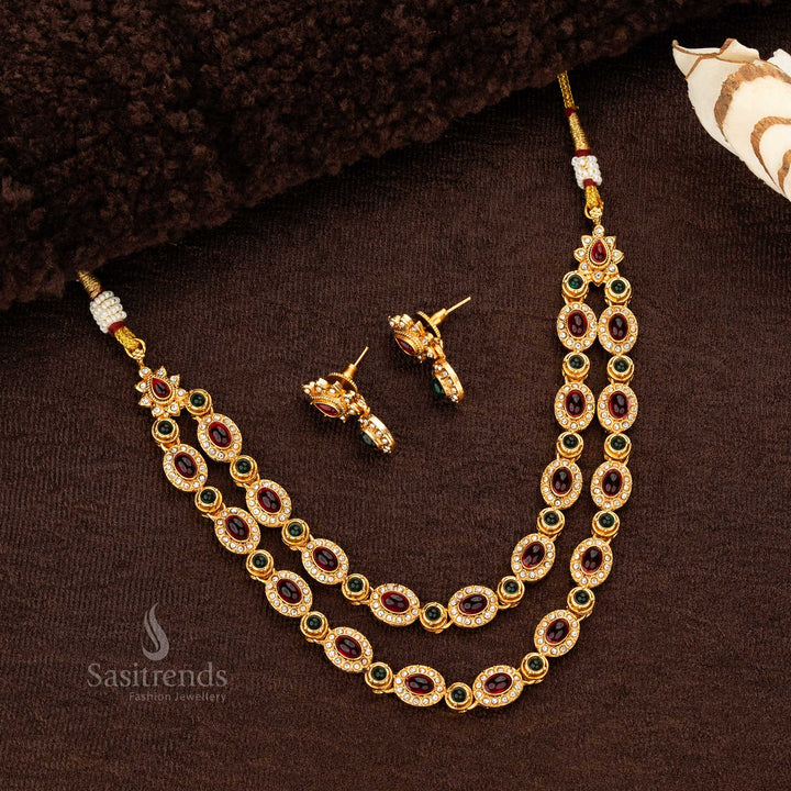 Temple Matte gold plated Jewellery Set with Ruby and Green Stones - Sasitrends