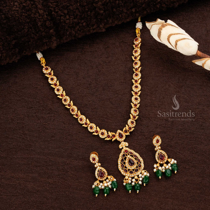 Traditional Classic Temple Matte Gold Plated Necklace Set with Teardrop Motif and Green Bead Accents - Sasitrends